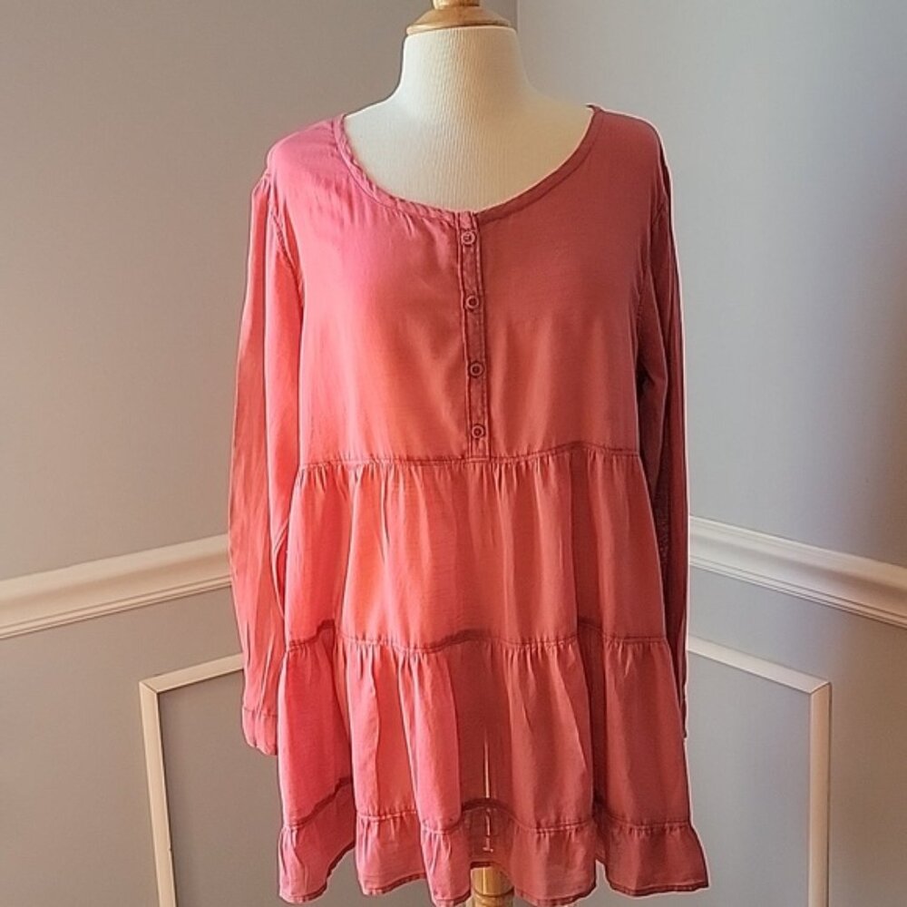 ECOTE Pink Coral Scoop Neck Half Button Down Tiered Ruffle Boho Tunic Dress Top